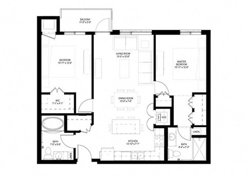 Floor plan for 2 beds, 2 baths, 1050 sqft
